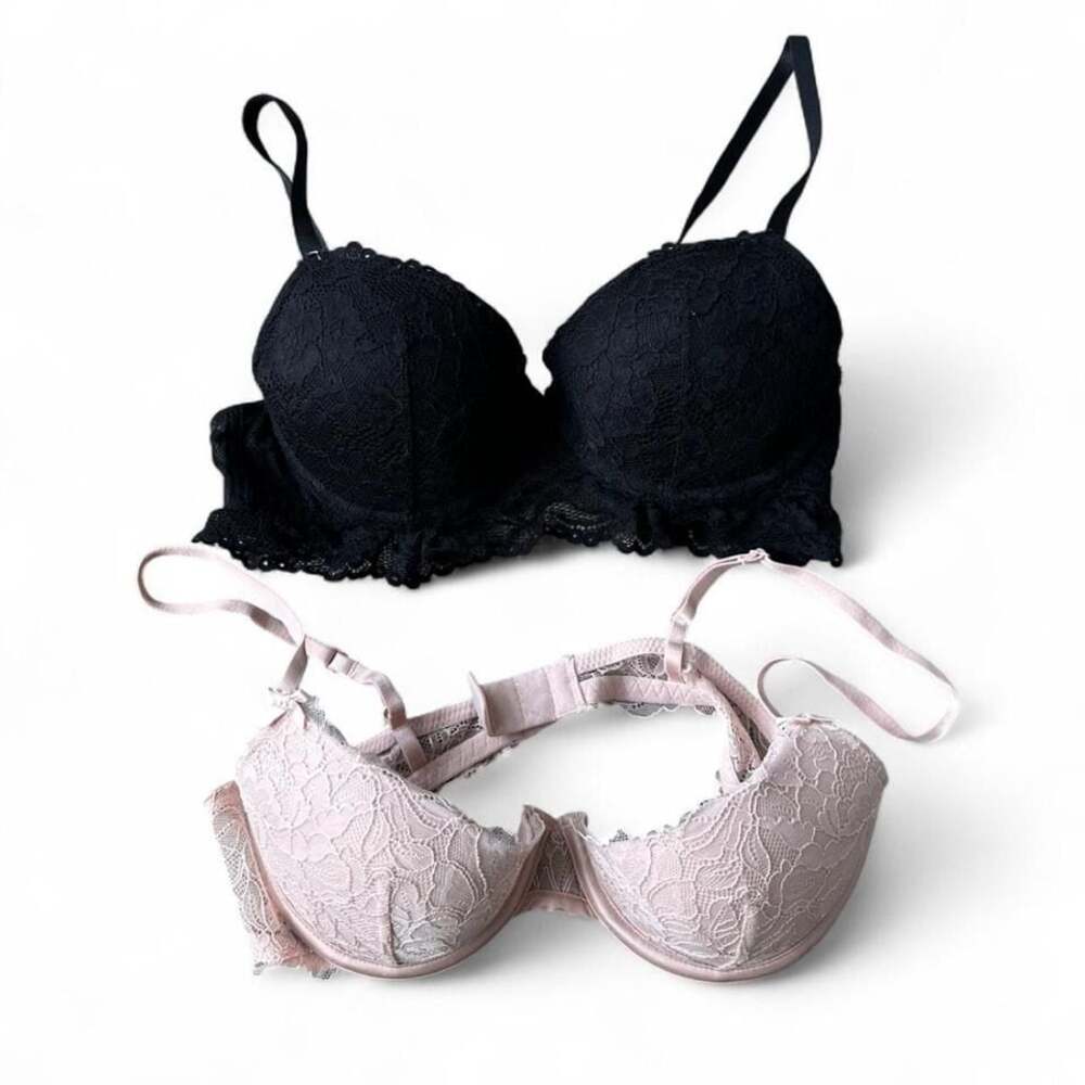 Y2K Black & Pink Lace Balconette Bra Bundle – Fits 34B